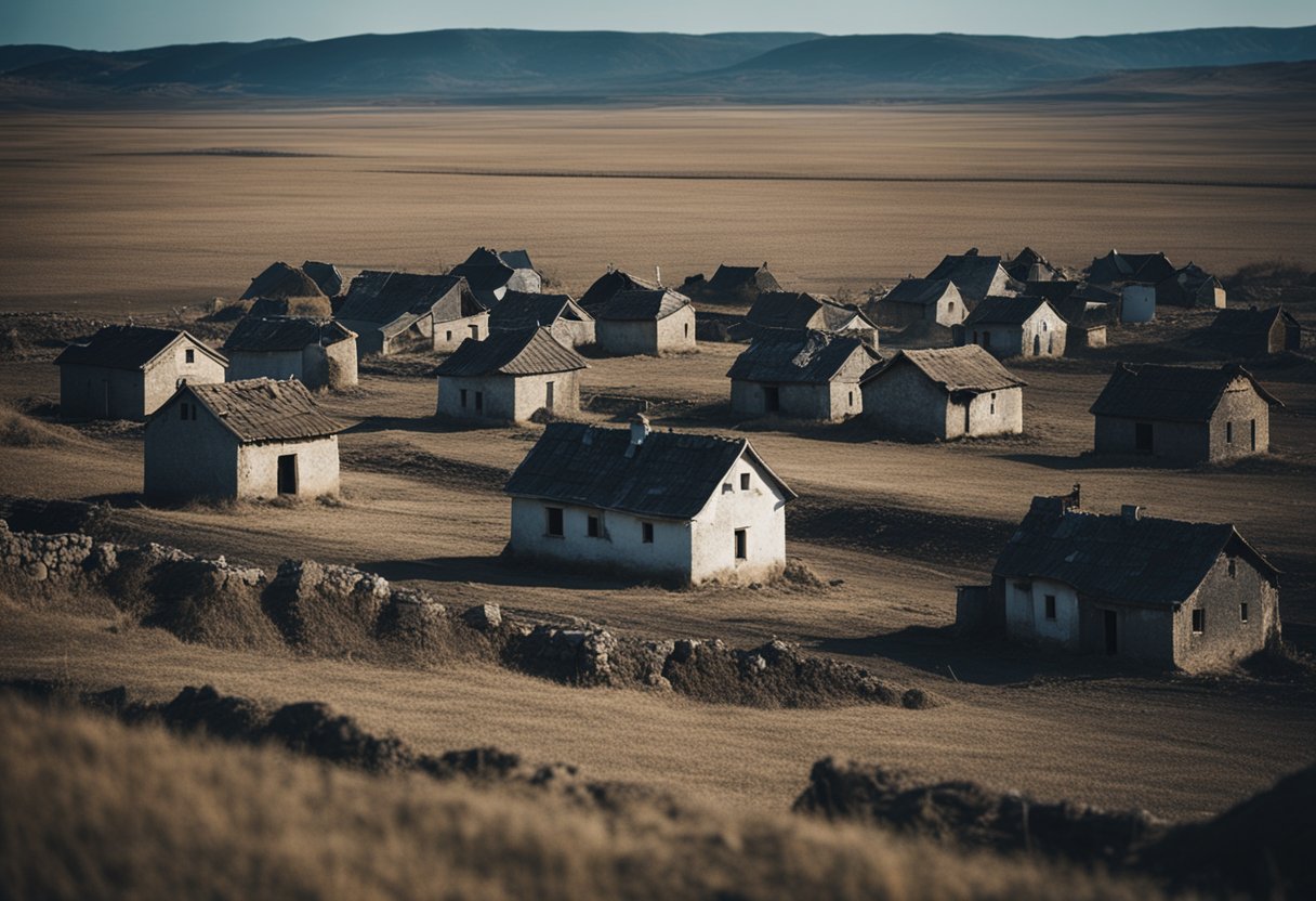 A desolate village, with crumbling houses and barren fields, under the shadow of a looming, oppressive figure representing Russian injustice