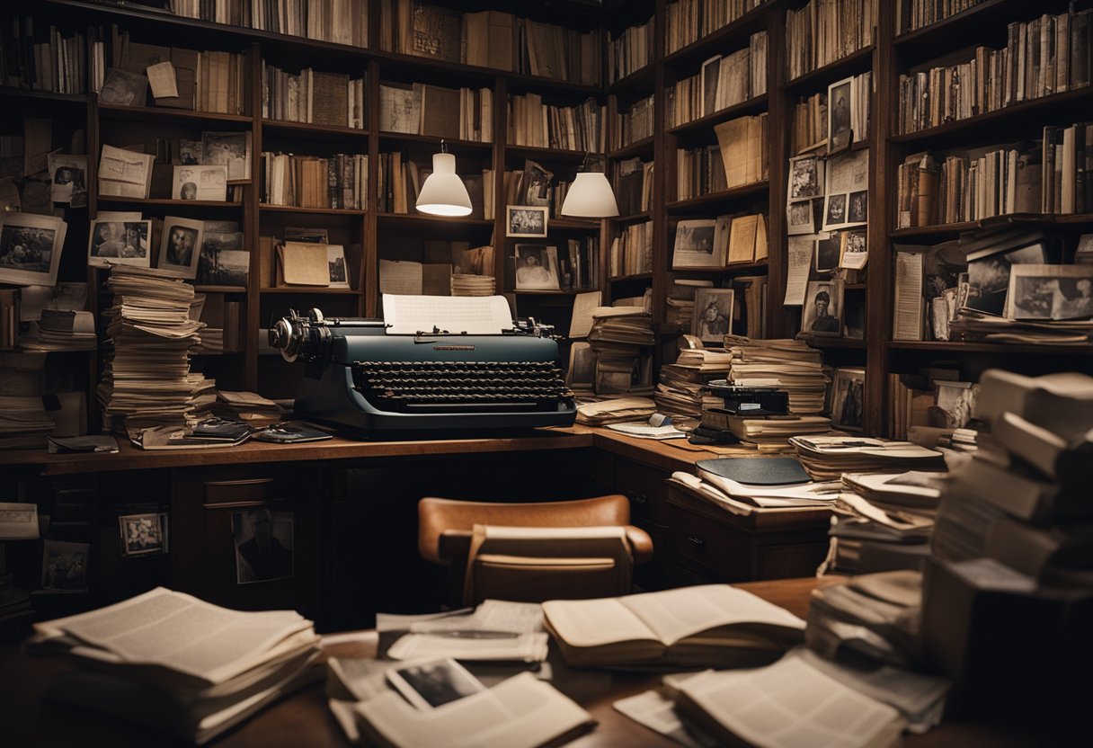 A dimly lit room with a cluttered desk, overflowing bookshelves, and a typewriter. A framed portrait of Bykov hangs on the wall, surrounded by newspaper clippings and handwritten notes