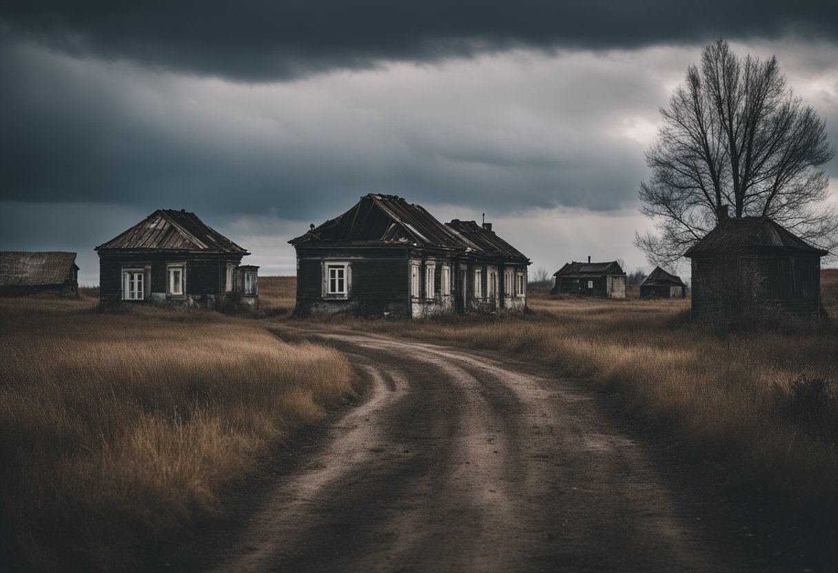 A desolate Russian village under a dark, oppressive sky. Dilapidated buildings and barren fields reflect the harshness of Bykov's uncompromising portrayal of Russian injustice