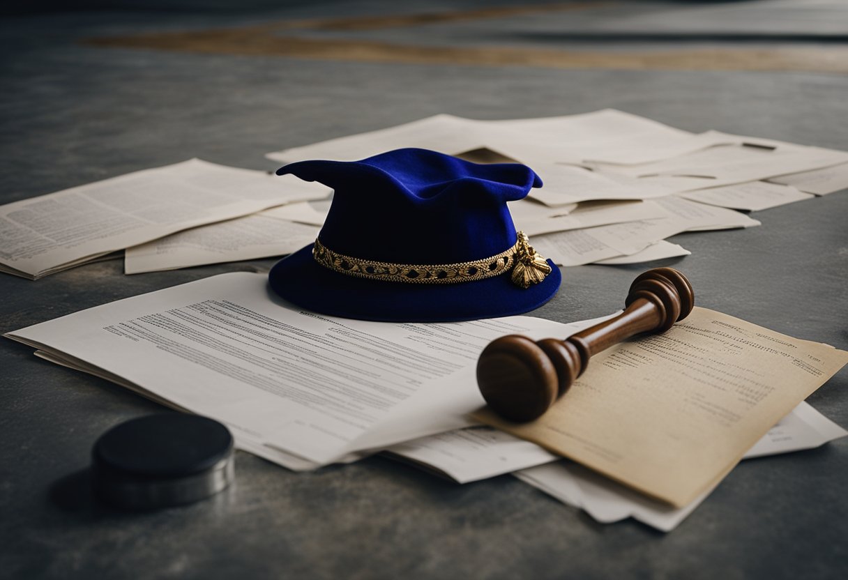 A jester's hat lies abandoned on a cold, stone floor, surrounded by discarded court documents and a broken gavel. The scene is bleak, reflecting the folly and injustice of the Russian court system