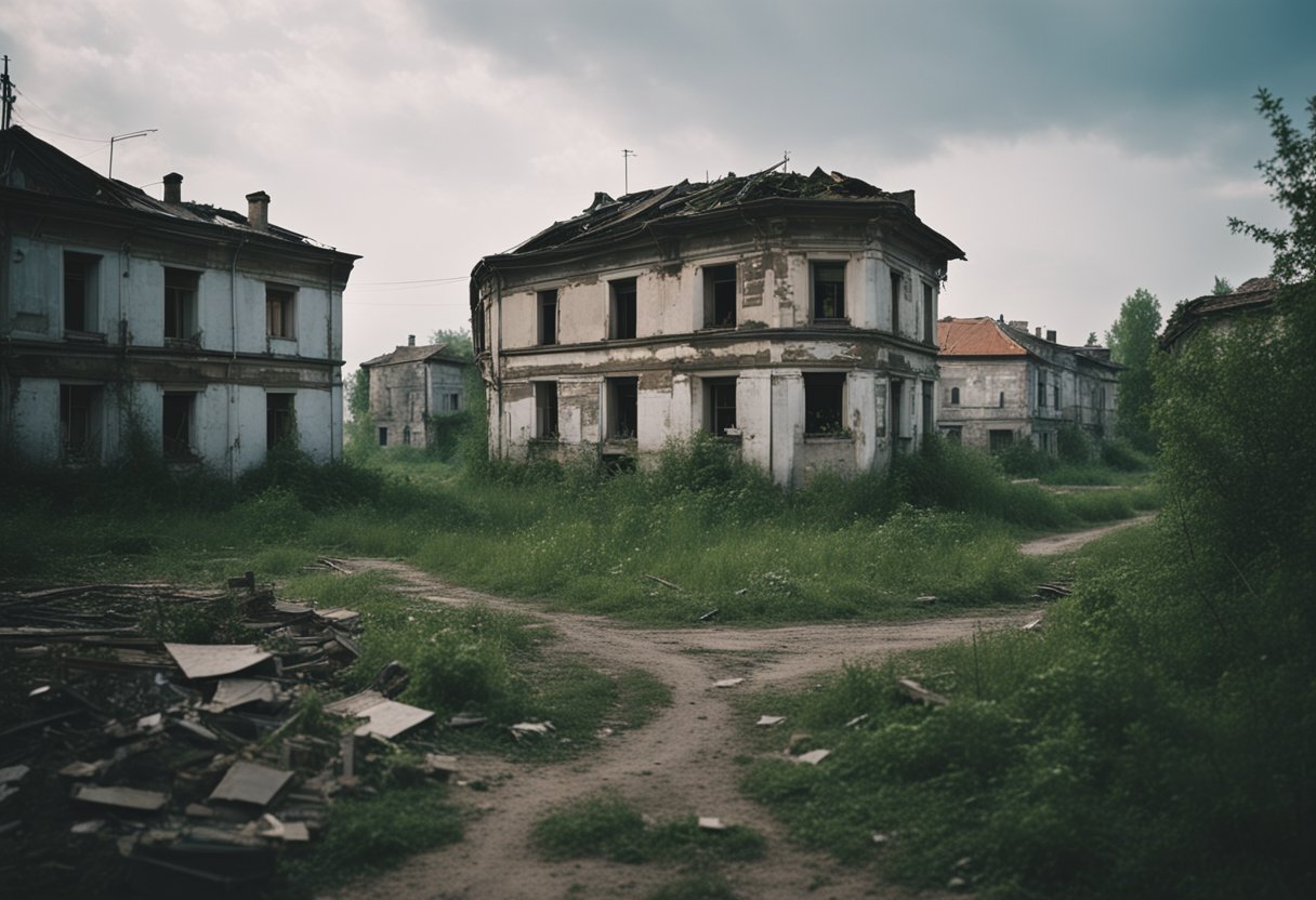 A desolate village, with crumbling buildings and overgrown streets, reflects the decay and injustice of Russian society