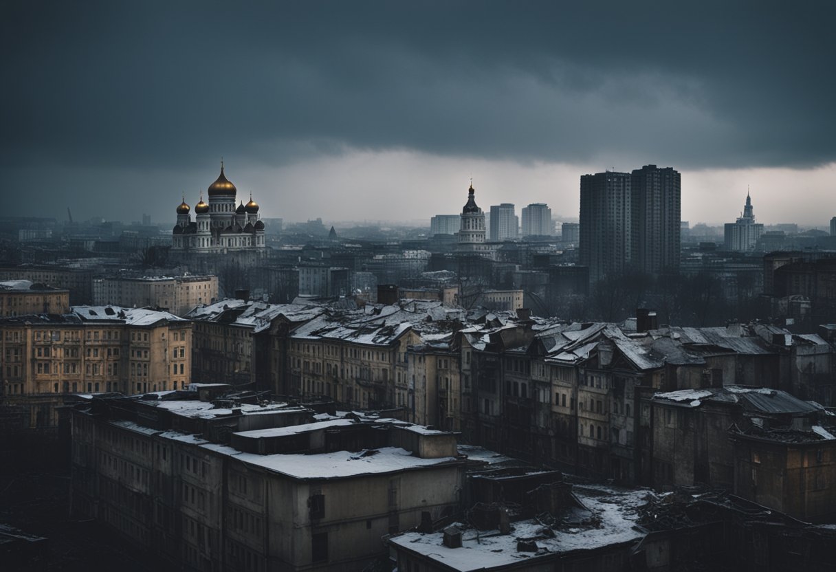 A dark, foreboding Russian cityscape with crumbling buildings and oppressive architecture. The atmosphere is heavy with despair and injustice