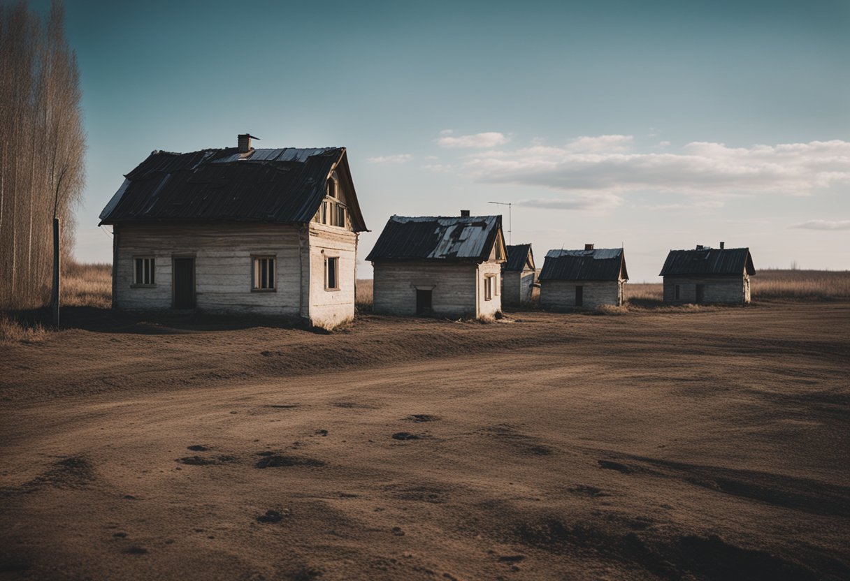 A desolate Russian village, with dilapidated houses and barren fields. A sense of hopelessness and injustice pervades the atmosphere, reflecting Bykov's uncompromising critique of Russian society