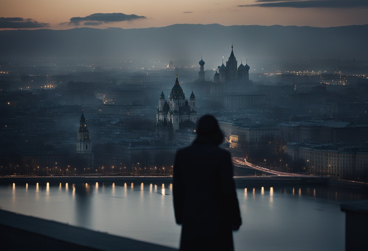 A shadowy figure looms over a cityscape, reflecting the injustices of modern Russia. The contrast between light and dark accentuates the uncompromising nature of Bykov's influence on Russian thought