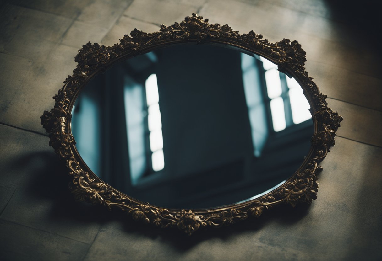 A dark, foreboding mirror reflects the twisted reality of Russian injustice, distorted and unyielding. The frame is ornate, yet tarnished, exuding a sense of decay and corruption