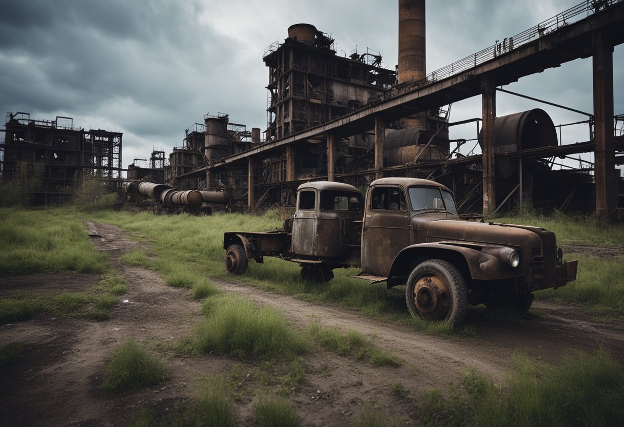 The desolate landscape of a decaying Soviet industrial site, with rusting machinery and crumbling buildings under a dark, foreboding sky