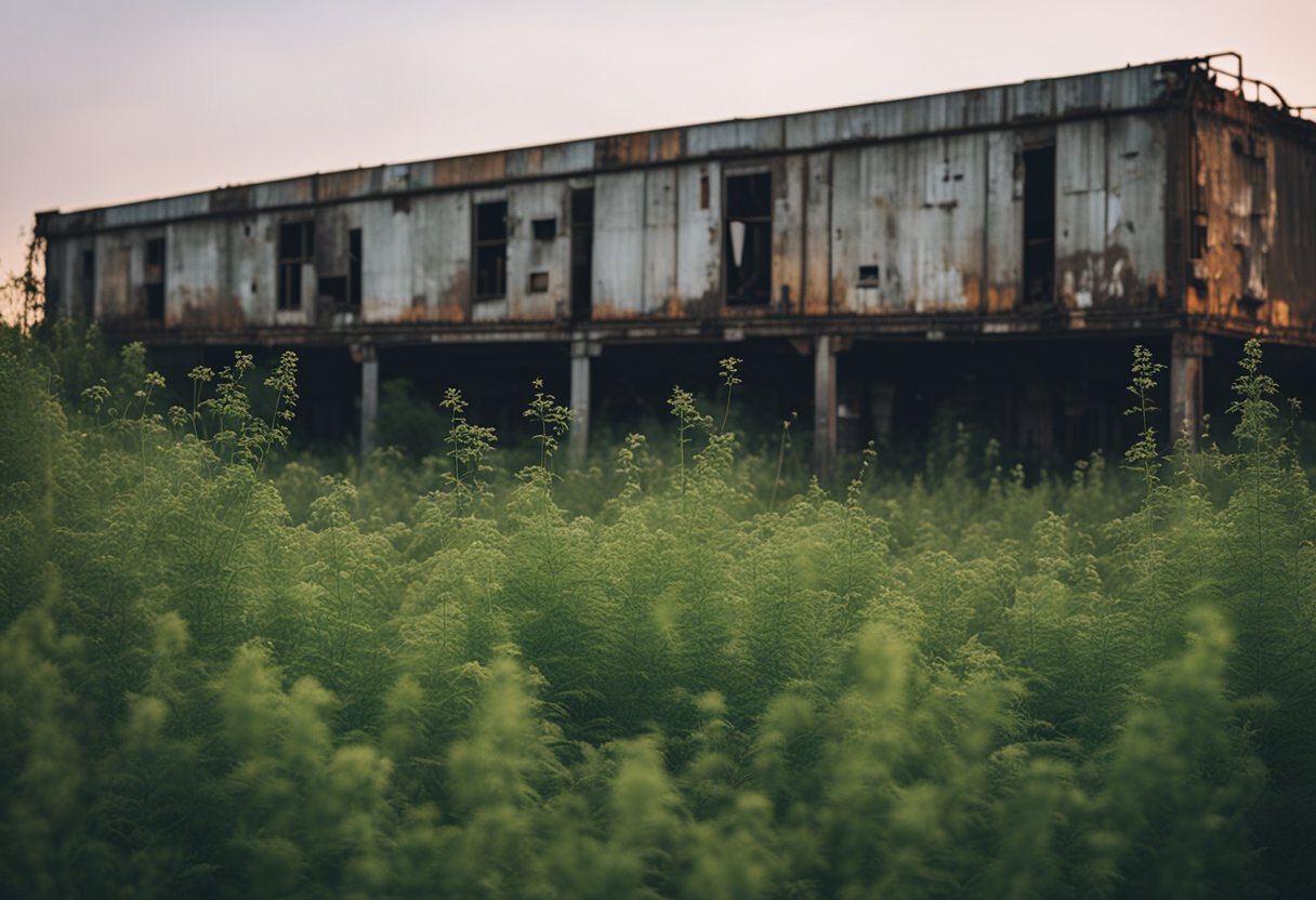 A desolate, crumbling Soviet-era cargo depot, overgrown with weeds and rusting metal, symbolizing the moral decay of the empire's twilight