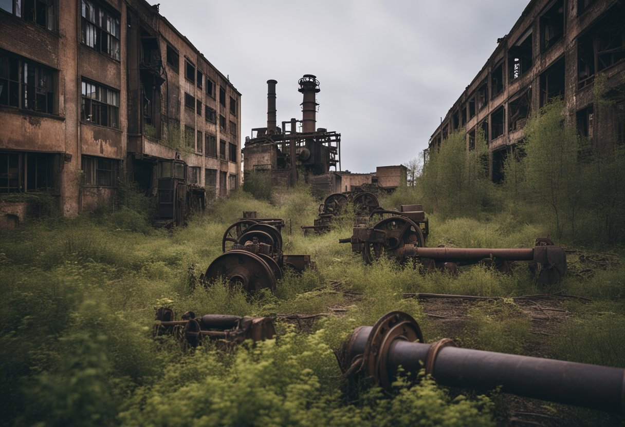 A desolate, decaying industrial landscape with rusted machinery and abandoned buildings, symbolizing the moral decay of the Soviet Empire's twilight