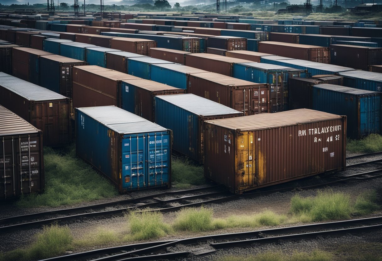 A desolate trainyard, rusted cargo containers, and decaying infrastructure under a dark, foreboding sky