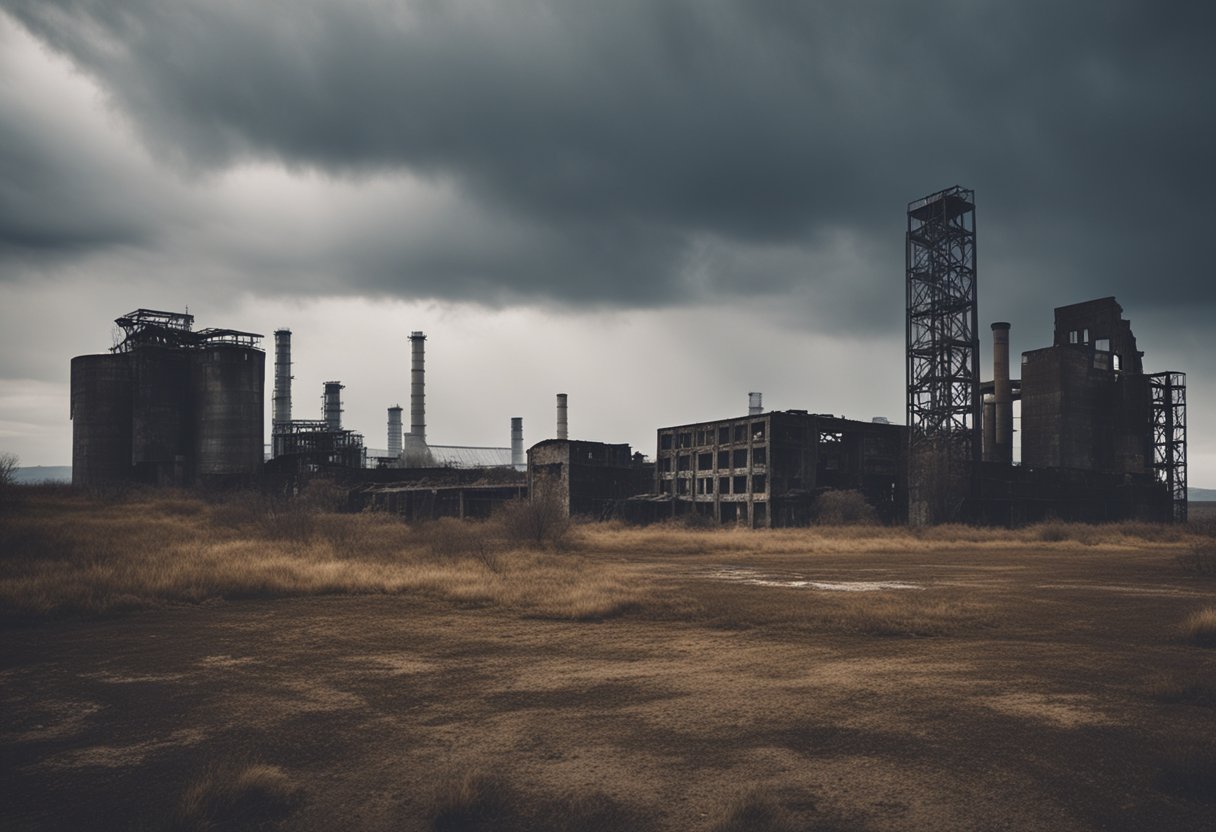 A desolate landscape with decaying industrial structures, surrounded by barren fields and ominous skies. The scene evokes a sense of moral decay and the decline of the Soviet Empire