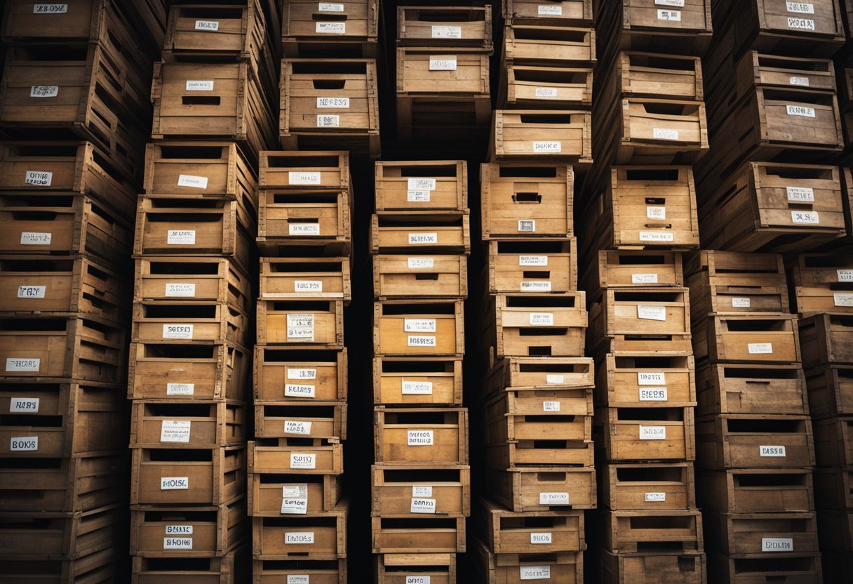 A dimly lit warehouse with rows of stacked wooden crates labeled "Cargo 200." A sense of decay and neglect permeates the space, evoking the moral decline of the Soviet Empire's final days