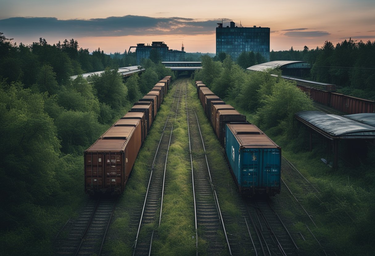 A desolate train station at dusk, with rusted cargo containers and overgrown tracks, symbolizing the decay of the Soviet Empire