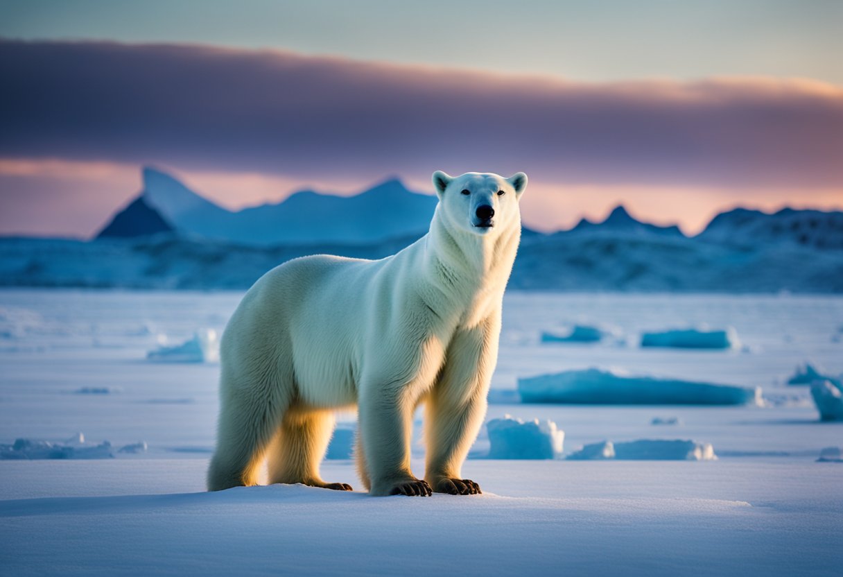 A lone polar bear stands on a vast expanse of ice, surrounded by towering glaciers and an endless horizon of frozen tundra. The icy landscape is bathed in the soft glow of the northern lights, creating an otherworldly and serene atmosphere