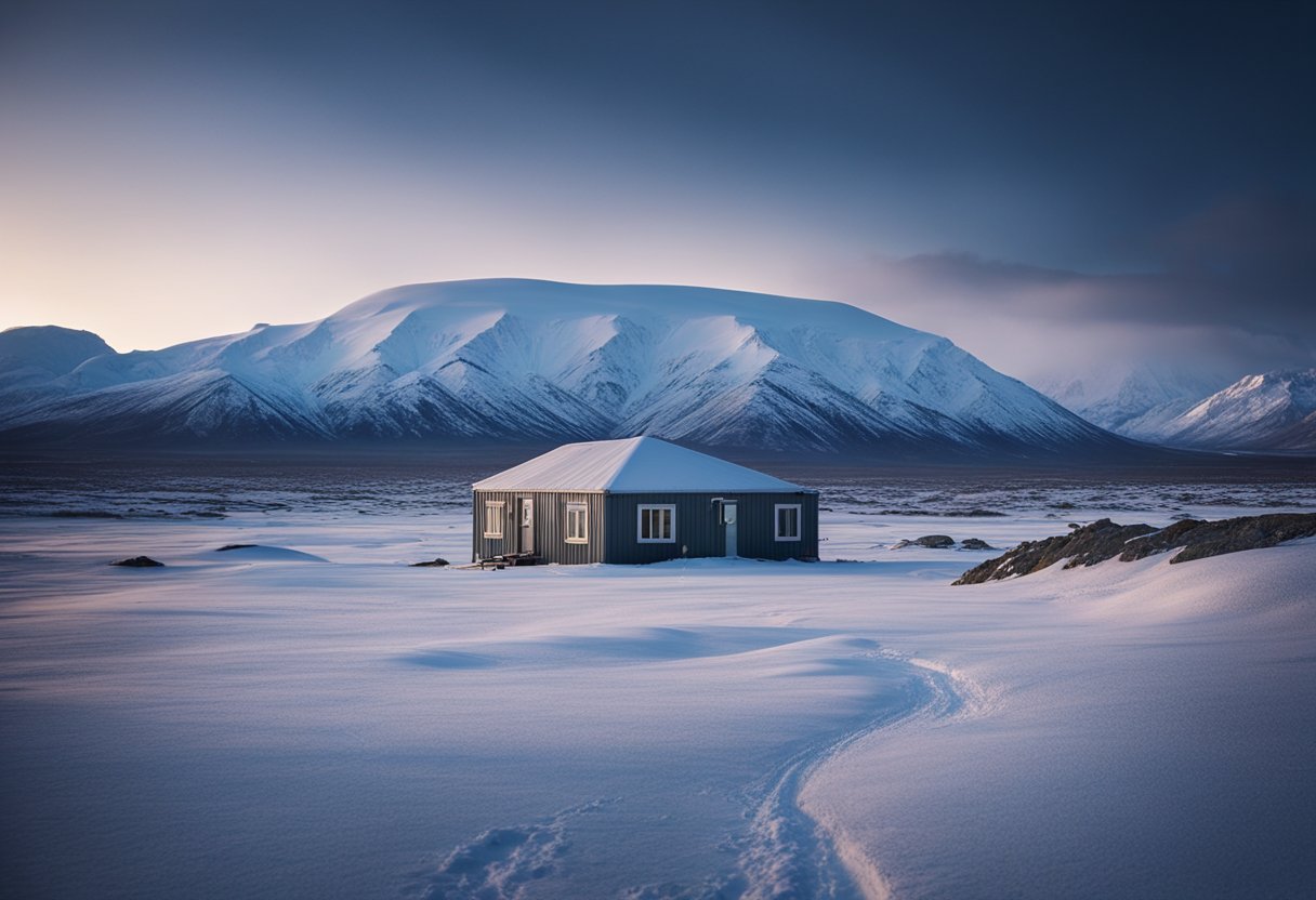 A desolate arctic landscape, with icy tundra, snow-covered mountains, and a looming polar night sky. A solitary research station sits amidst the frozen wasteland, surrounded by the eerie stillness of the remote wilderness