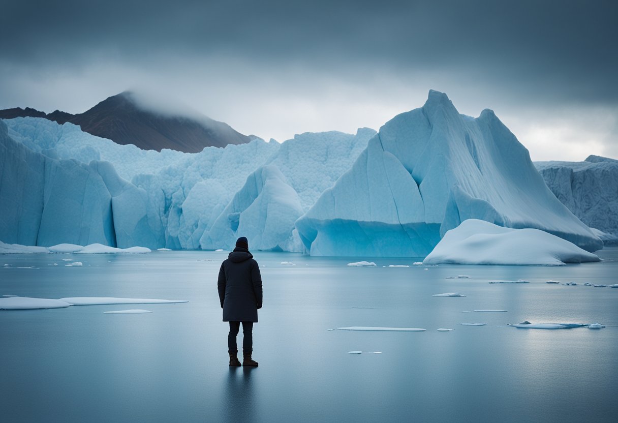 A lone figure stands on a desolate, icy landscape, surrounded by towering glaciers and frozen tundra. The cold, blue hues of the Arctic landscape create an atmosphere of isolation and introspection