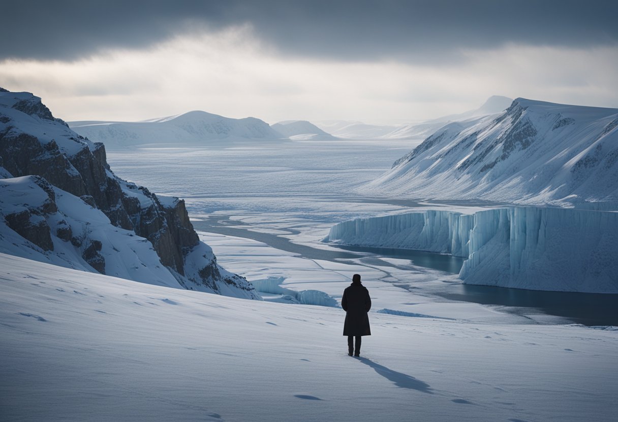 A lone figure stands on a frozen tundra, surrounded by icy cliffs and a desolate landscape. The sky is filled with swirling snow and the air is frigid, creating a sense of isolation and desolation