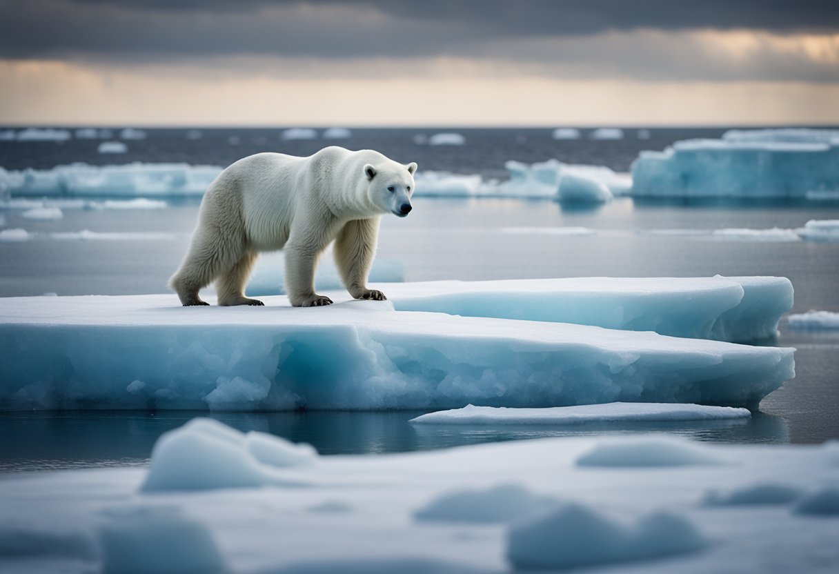 A lone polar bear stands on a melting ice floe, surrounded by a vast expanse of icy waters and a distant, ominous storm on the horizon