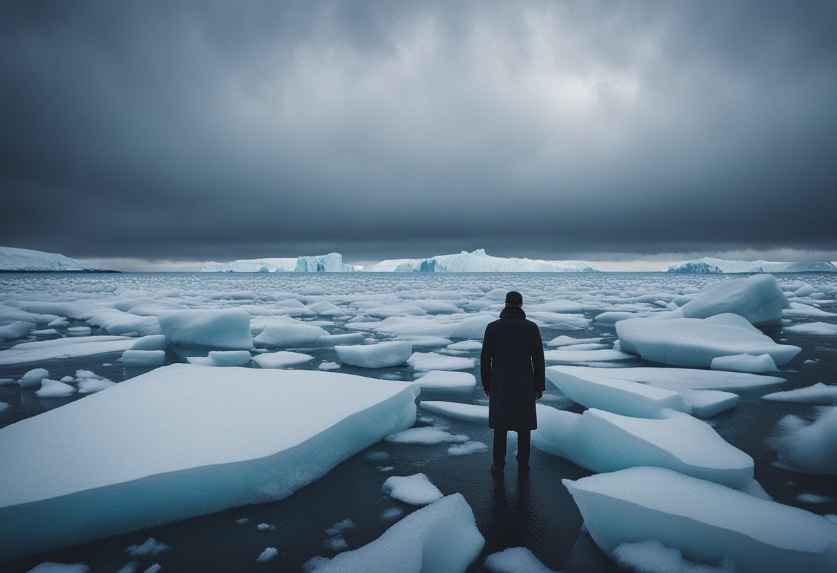 A lone figure stands on a frozen tundra, surrounded by towering icebergs and a desolate, icy landscape. The sky is filled with swirling snow and ominous clouds, creating a sense of isolation and impending danger