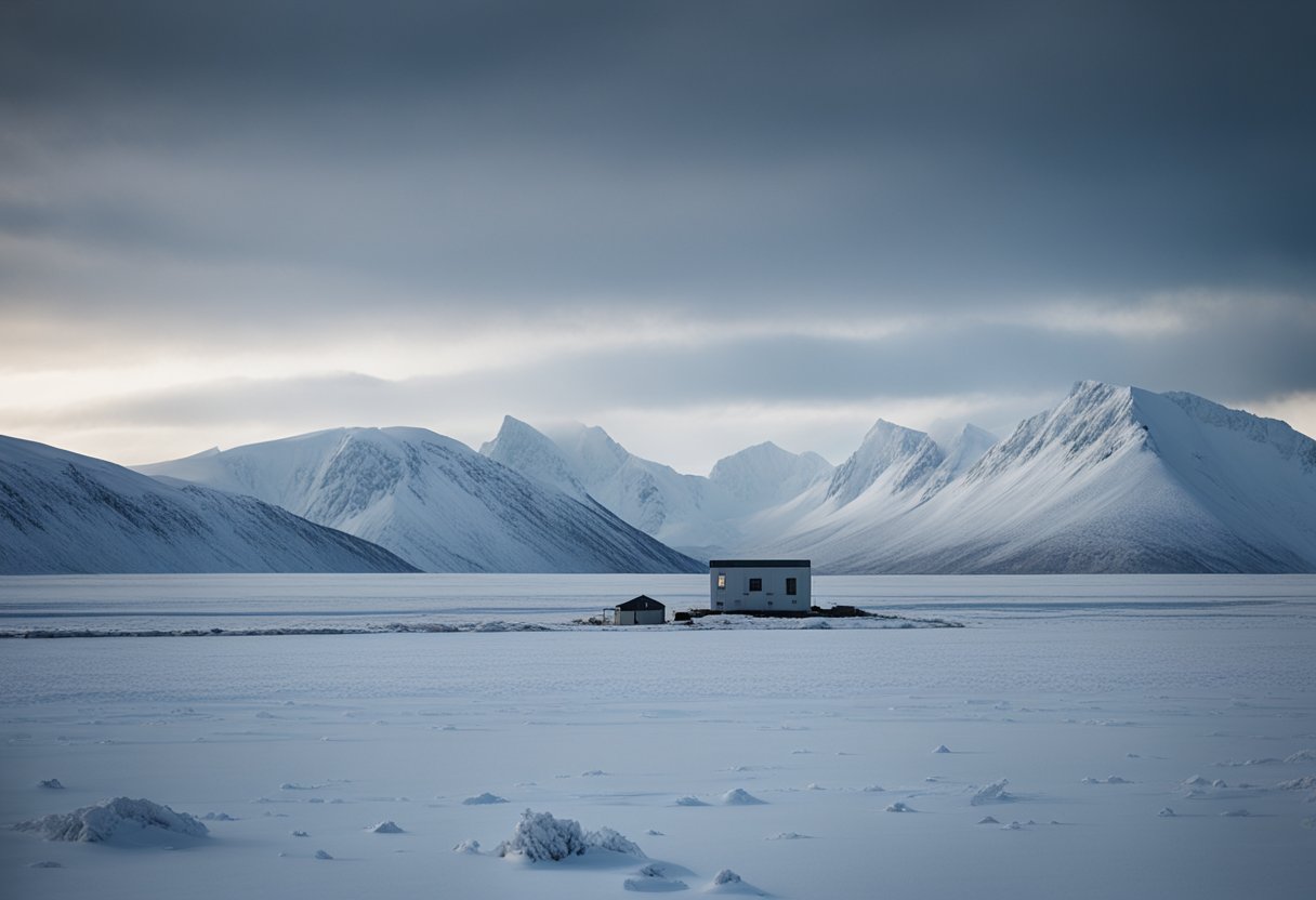 A desolate Arctic landscape, with a lone research station surrounded by icy tundra and snow-covered mountains. The sky is a cold, ominous gray, and the air is filled with an eerie stillness