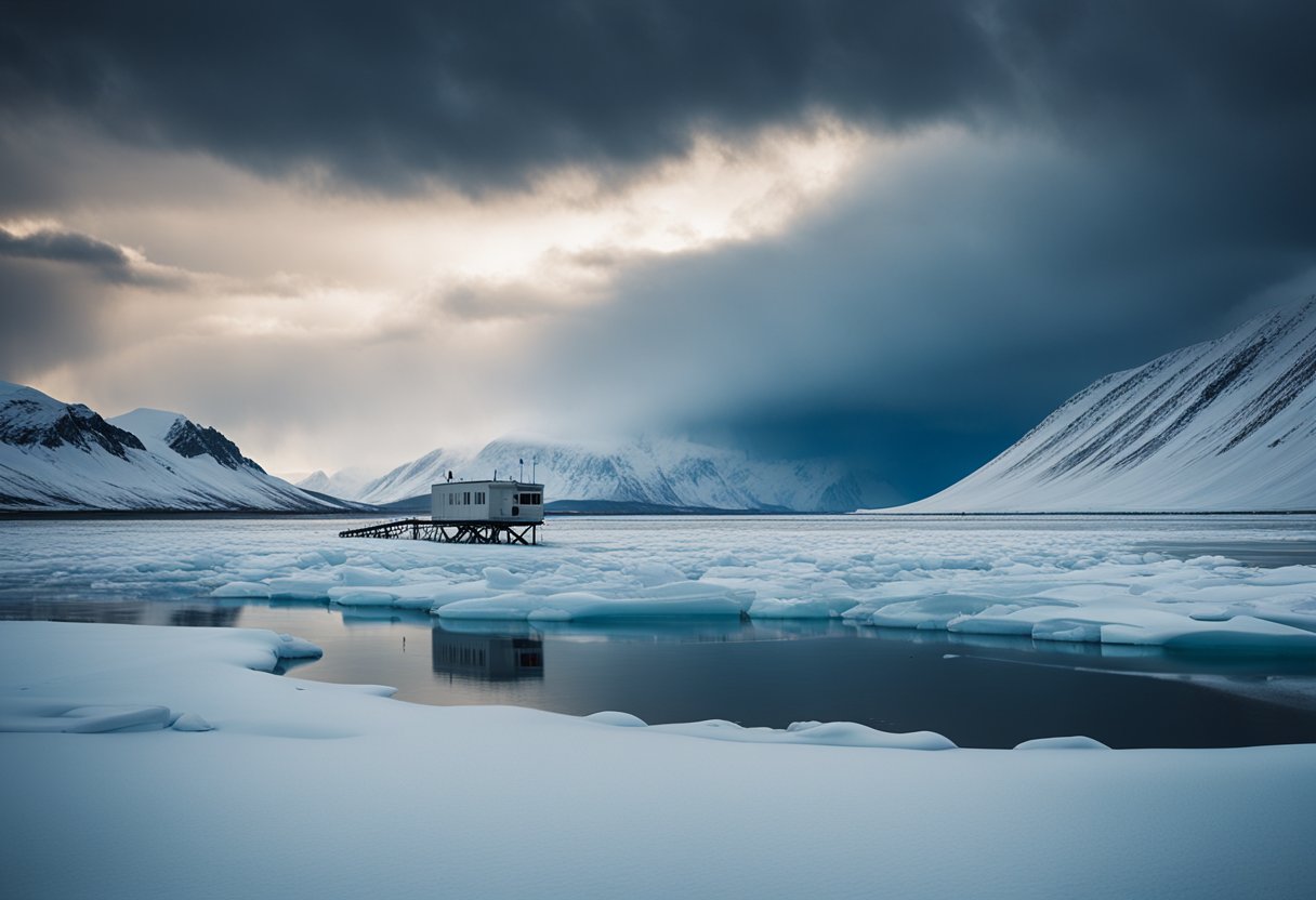 A desolate Arctic landscape with a solitary research station, surrounded by icy waters and snow-covered mountains, under a dramatic sky with swirling storm clouds