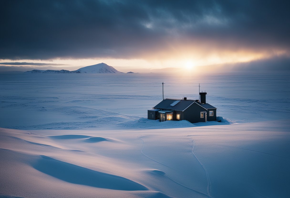 A desolate Arctic landscape, with a lone research station perched on a barren, icy expanse. The sky is a swirling mix of dark clouds and shimmering auroras, casting an otherworldly glow over the frozen tundra