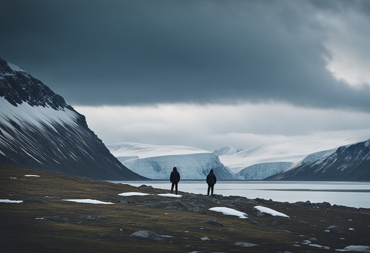 A lone figure stands on a desolate Arctic landscape, surrounded by icy cliffs and a foreboding sky. The scene is dominated by a sense of isolation and the overwhelming power of nature