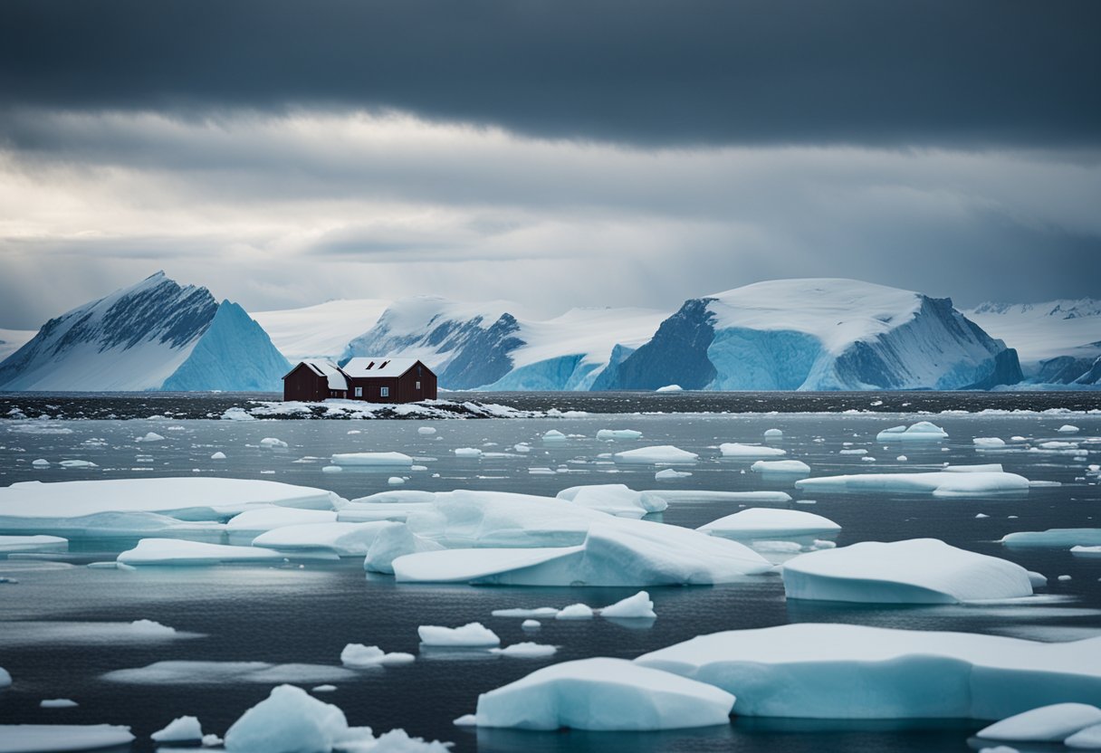 A desolate Arctic landscape with a solitary research station, surrounded by icy waters and towering glaciers, under a dramatic sky filled with swirling snow and howling winds