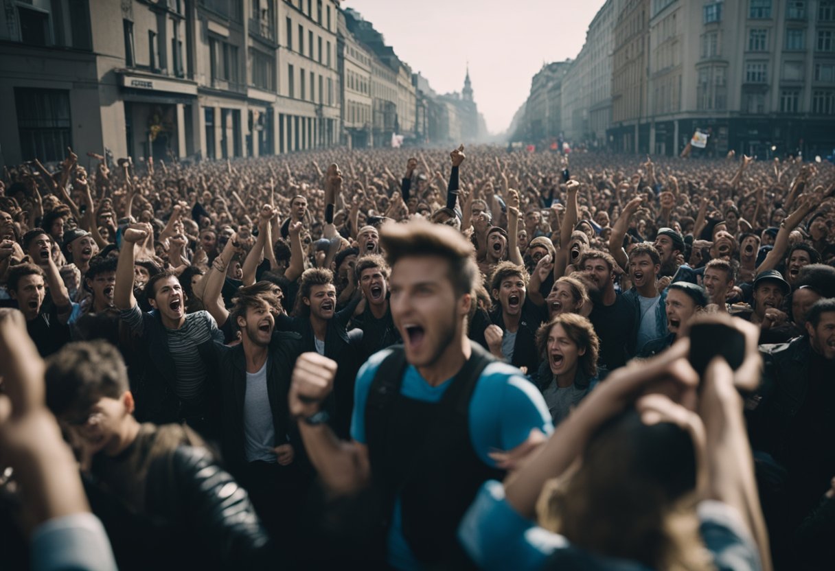 A crowd roars as a punk anthem echoes through a city square, capturing the defiant spirit of Pussy Riot's protest