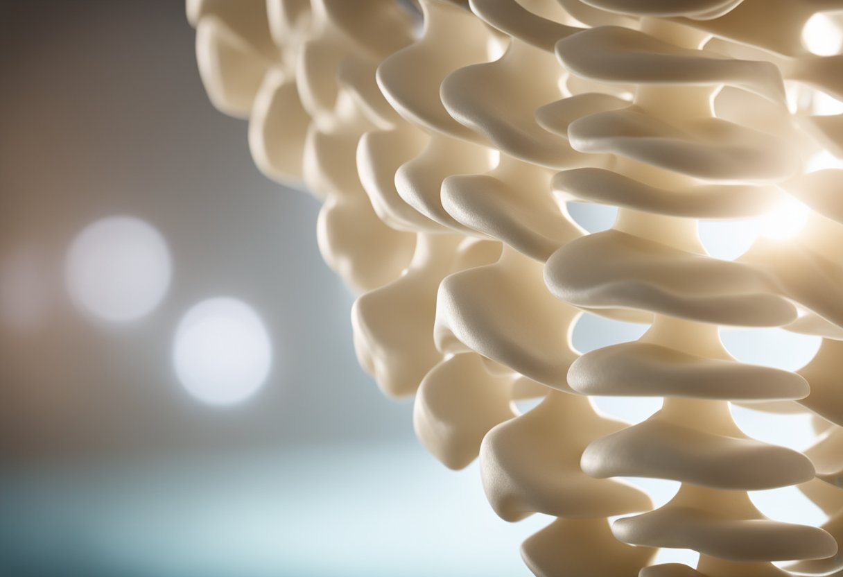 The cervical spine curves gently, with seven vertebrae stacked on top of each other. A disc protrudes from the spine, causing compression and pain