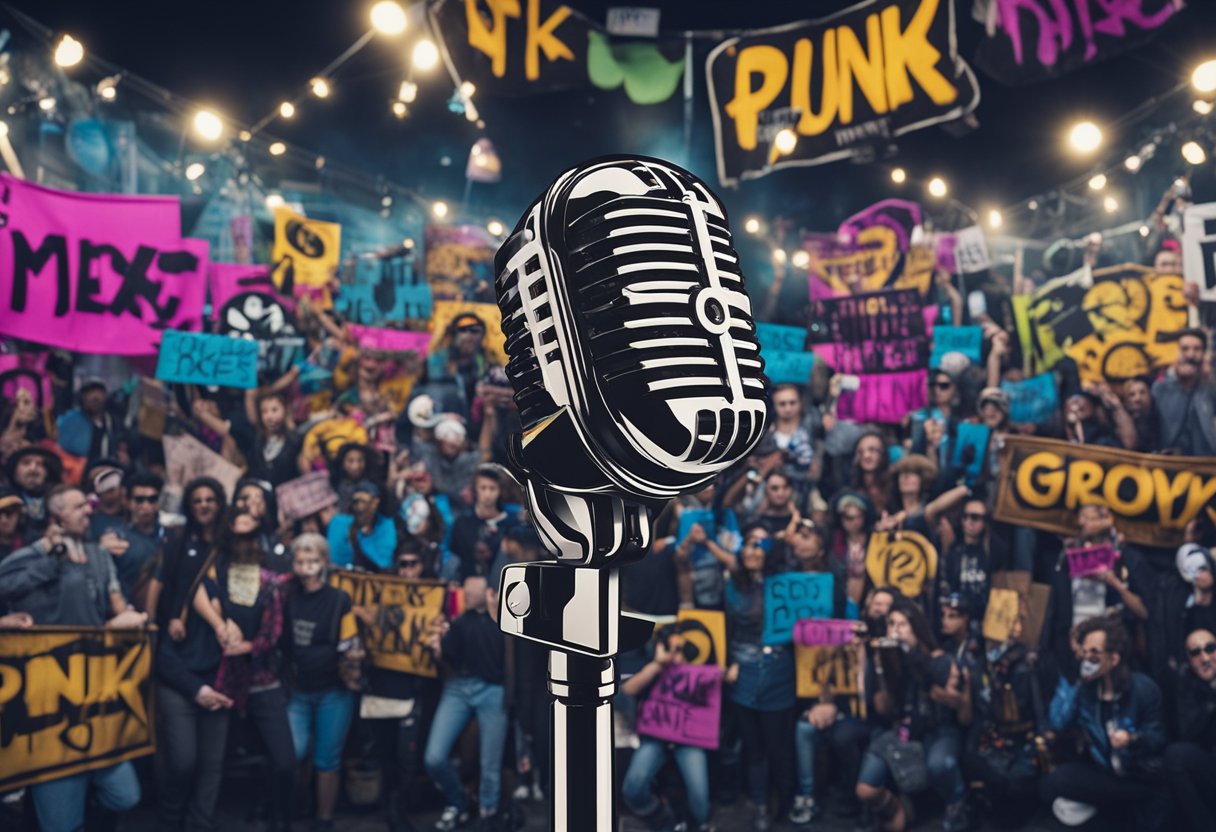 A microphone stands boldly on a stage, surrounded by graffiti and protest signs. The air crackles with energy as the punk anthem echoes through the air