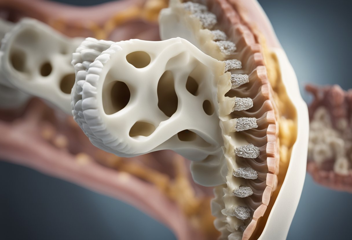 A cross-section view of the cervical spine showing the intervertebral disc herniating and pressing on the spinal cord