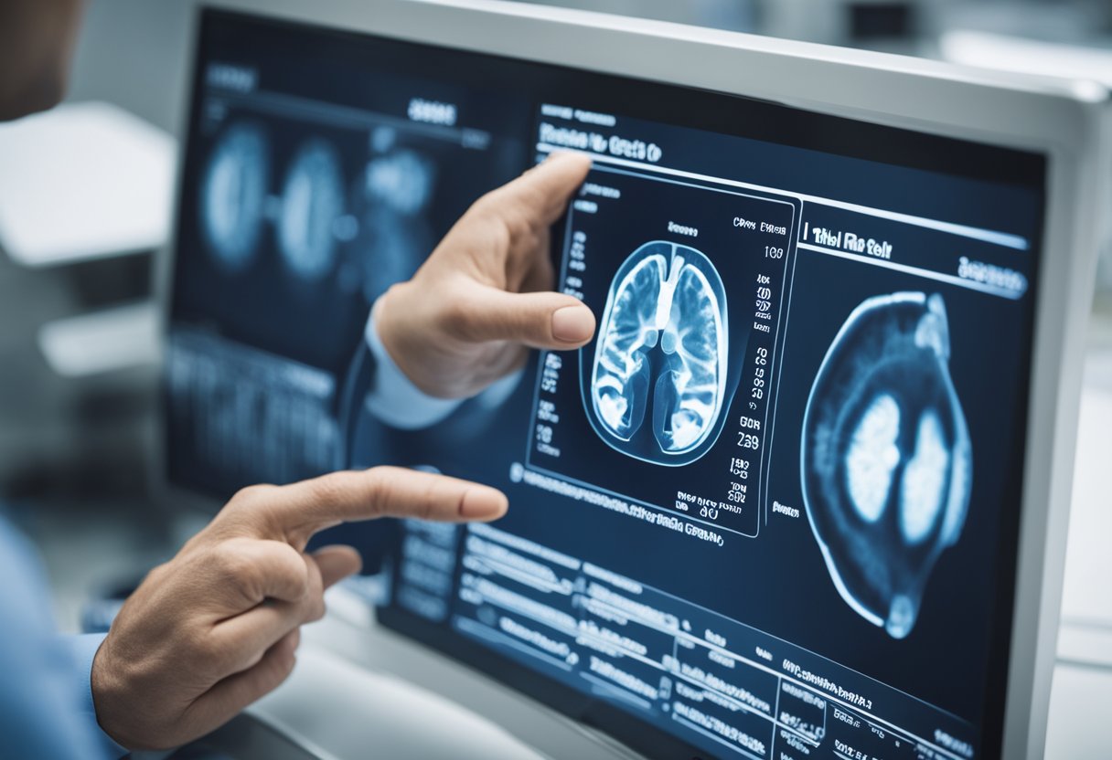 A patient's MRI shows a herniated cervical disc. The doctor points to the affected area on the scan, explaining the diagnosis