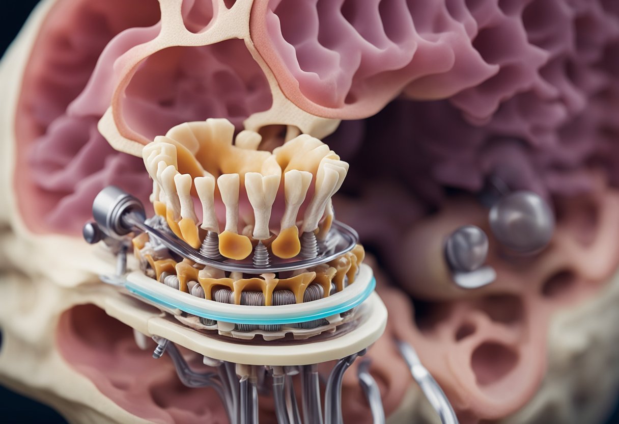 A cross-section of the cervical spine with a herniated disc pressing on the nerve root, surrounded by various treatment options such as surgery, physical therapy, and medication