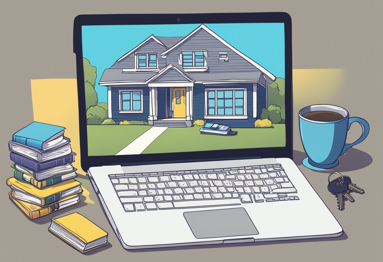 A realtor typing on a laptop, surrounded by house keys, a "For Sale" sign, and a stack of real estate books. A blog post titled "Attracting More Sellers Through Targeted Blogging" is displayed on the screen