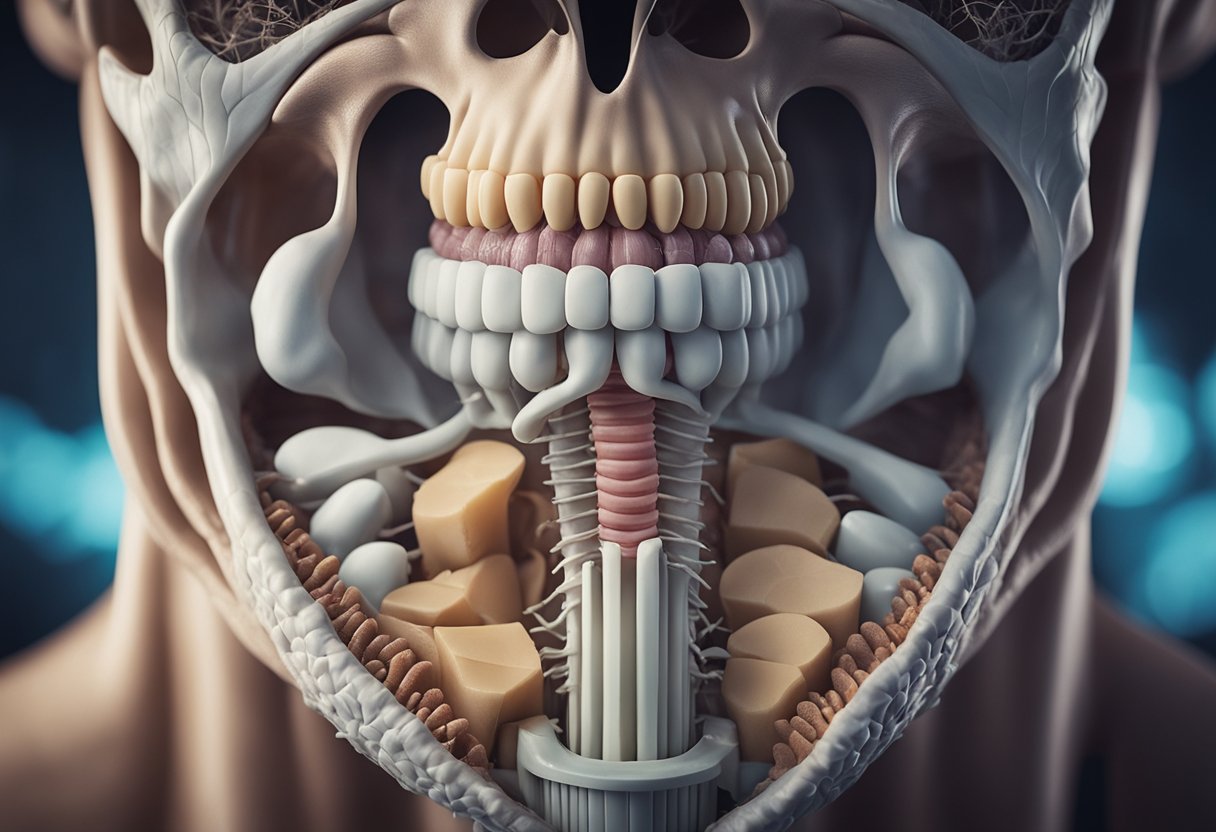 The esophagus is shown with irregular contractions and blockages, causing discomfort and difficulty swallowing