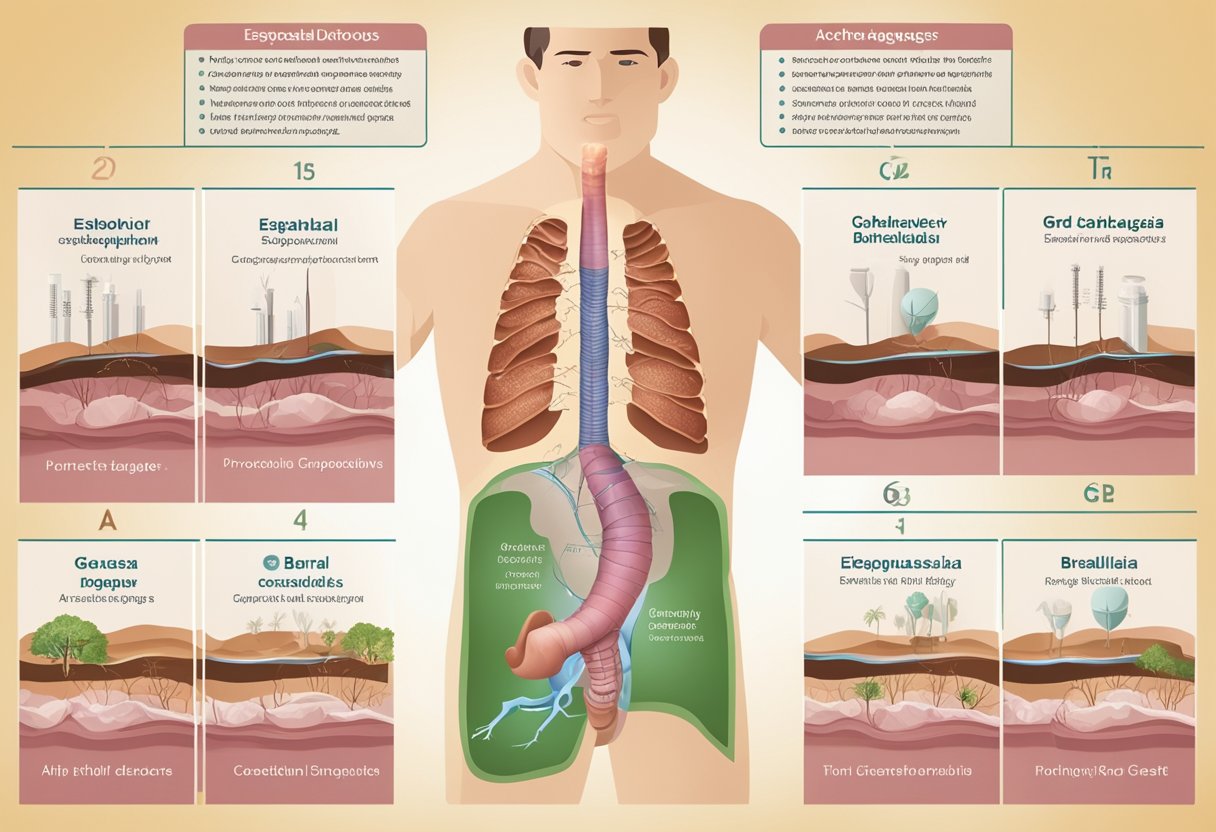 A diagram showing various esophageal disorders such as GERD, achalasia, and Barrett's esophagus, with labeled illustrations of the affected areas