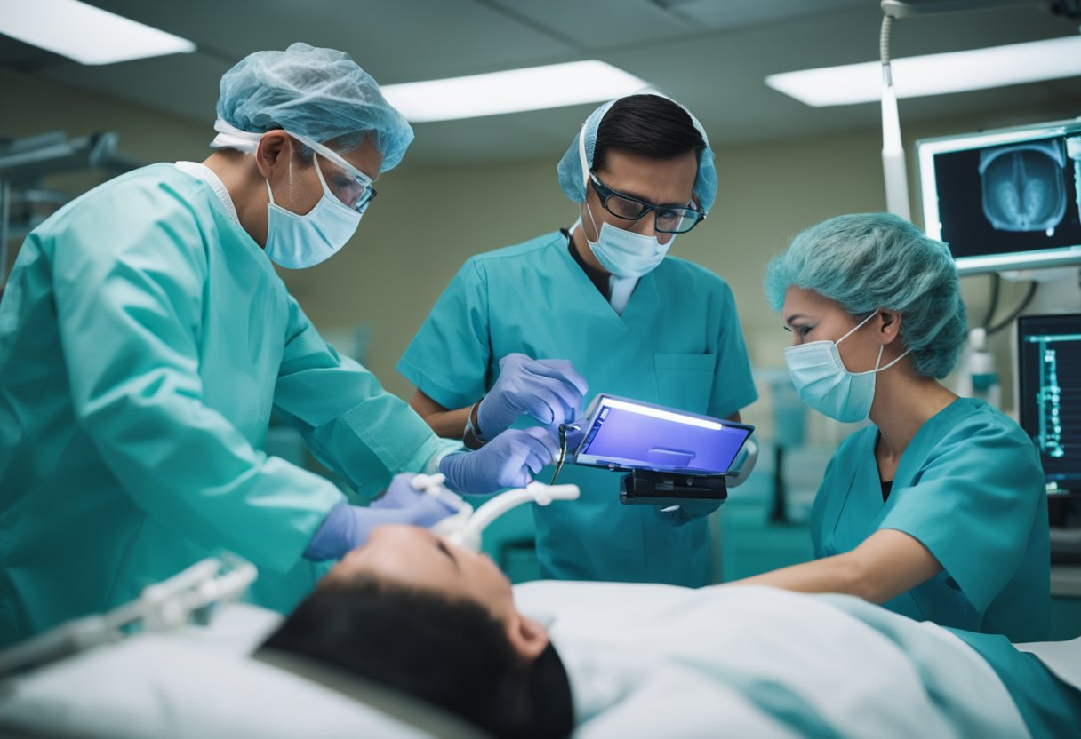 A patient undergoes esophageal diagnostic procedures with a doctor and medical equipment in a clinical setting