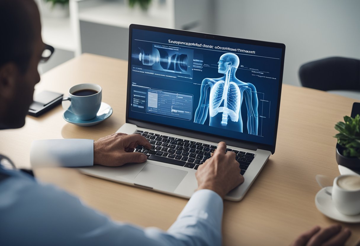 A doctor discusses esophageal disorder treatment options with a patient, pointing to a diagram of the esophagus on a computer screen