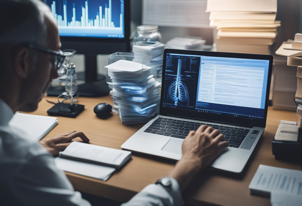 A person sitting at a computer, surrounded by medical textbooks and research papers, typing and searching for information on esophageal disorders