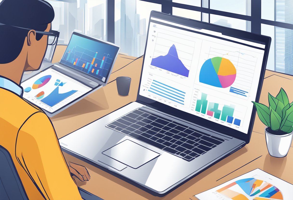 A realtor types on a laptop, analyzing data and tracking performance. A blog post attracts sellers. Graphs and charts illustrate success