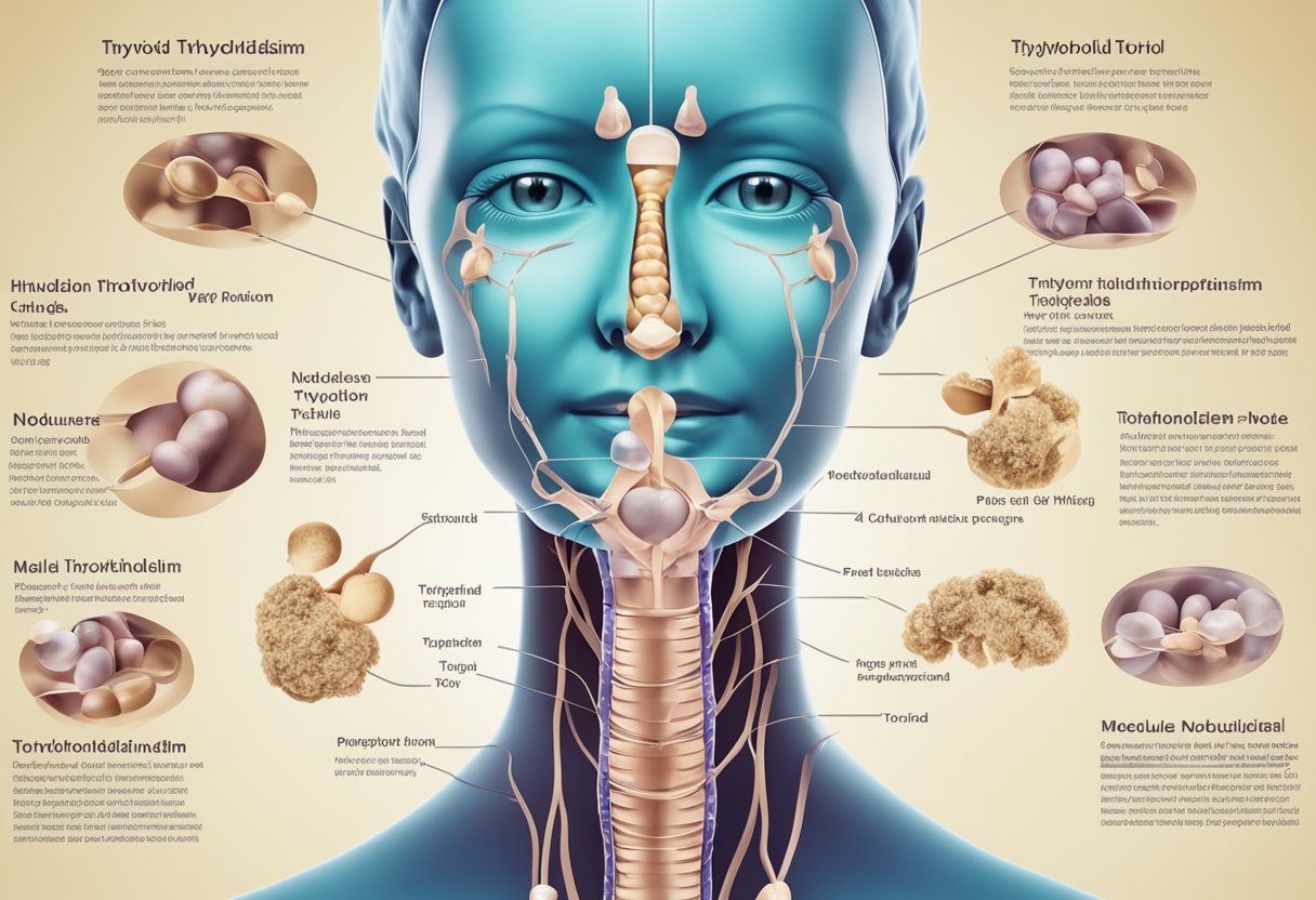 A medical illustration of various thyroid disorders, including hyperthyroidism, hypothyroidism, and thyroid nodules, with accompanying text labels