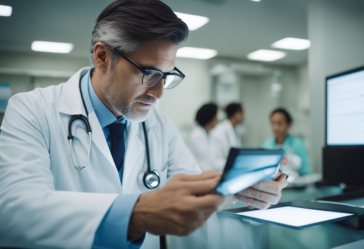 A doctor examines a patient's medical history and performs thyroid function tests in a clinical setting