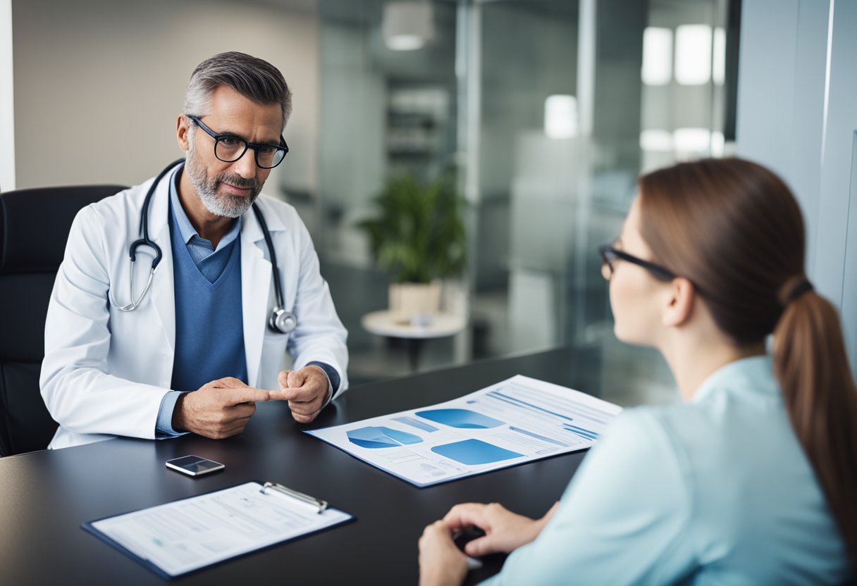 A doctor discussing treatment options with a patient, using charts and diagrams to explain thyroid disorder strategies