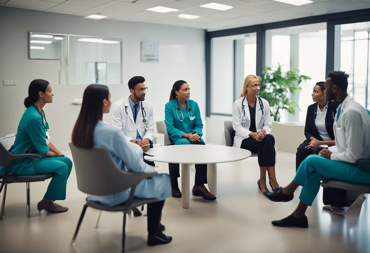 A doctor explaining thyroid disorders to a group of attentive patients in a clinic waiting room