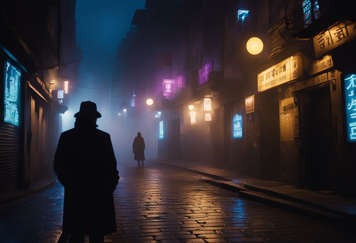 A shadowy figure lurks in the dimly lit alley, surrounded by eerie mist and the glow of neon signs. The silhouette of ancient buildings looms in the background, creating an ominous atmosphere