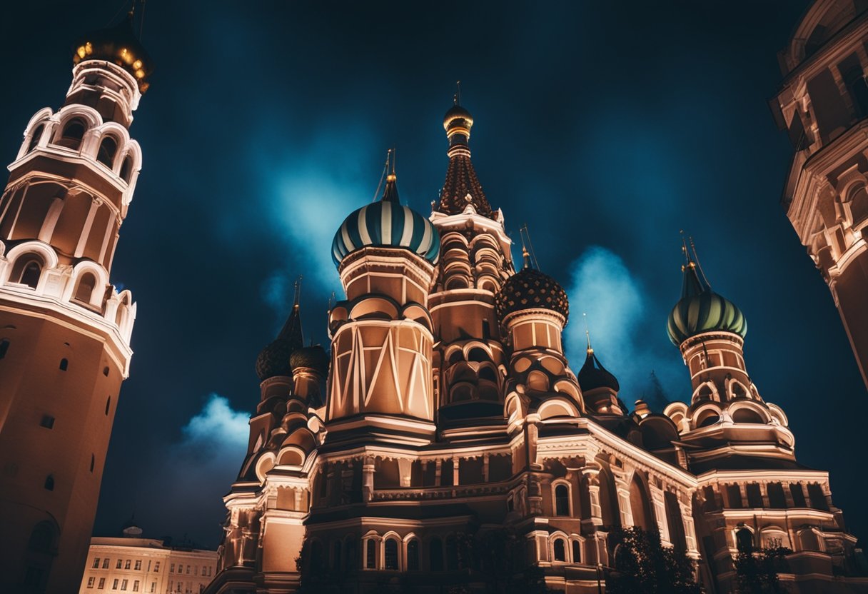 A dark, mystical Moscow night with looming gothic architecture, glowing neon signs, and swirling mist, hinting at the hidden supernatural underworld