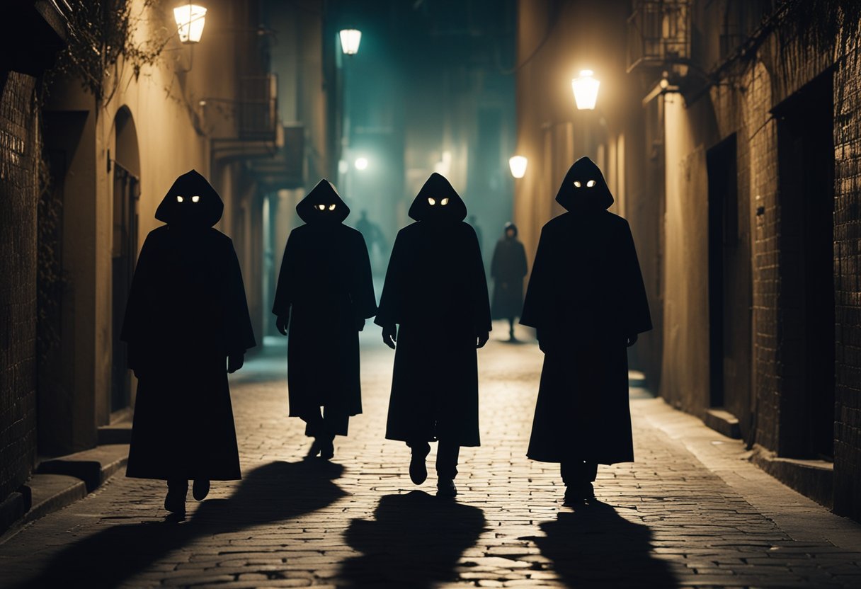 Mysterious figures gather in the dimly lit alley, surrounded by swirling shadows and glowing eyes. A sense of foreboding hangs in the air as they prepare for an otherworldly encounter