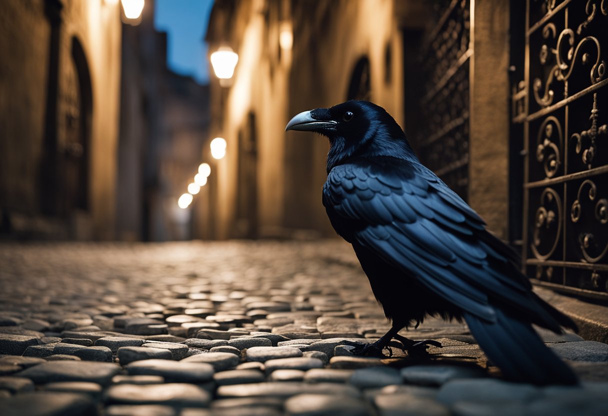 In a dimly lit alley, a figure wields a glowing amulet, casting eerie shadows on ancient runes etched into the cobblestone. A raven perches on a nearby wrought-iron gate, its eyes gleaming with otherworld