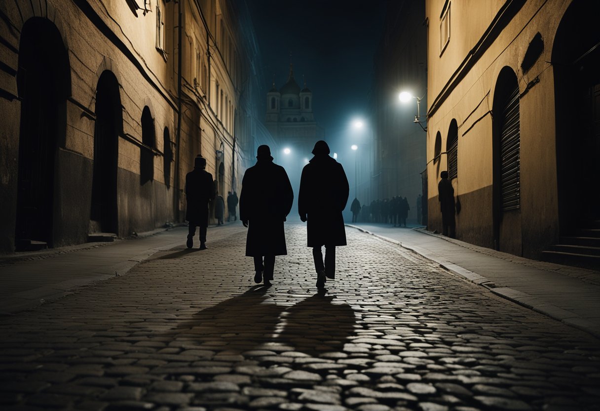 A dark alley in Moscow, with eerie shadows and glowing eyes peering out from the darkness. The silhouette of ancient buildings looms overhead, adding to the sense of mystery and danger