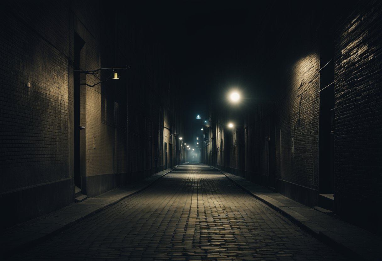 A dark, shadowy alley in Moscow, with eerie glowing eyes peering out from the darkness, revealing the supernatural underworld